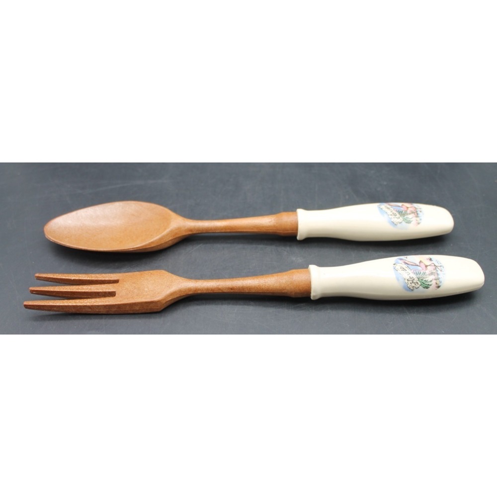Vintage St Pete Beach Florida Wooden Salad Serving Set Flamingo Ceramic Handles